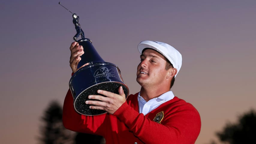 ORLANDO, FLORIDA - MARCH 07: Bryson DeChambeau of the United States celebrates with the trophy after winning during the final round of the Arnold Palmer Invitational Presented by MasterCard at the Bay Hill Club and Lodge on March 07, 2021 in Orlando, Florida. (Photo by Sam Greenwood/Getty Images)