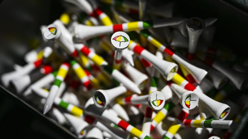 ORLANDO, FL - MARCH 07:  Arnold Palmer umbrella logo tees sit in box on the first hole during the final round of the Arnold Palmer Invitational presented by MasterCard at Bay Hill Club and Lodge on March 7, 2021 in Orlando, Florida. (Photo by Keyur Khamar/PGA TOUR via Getty Images)