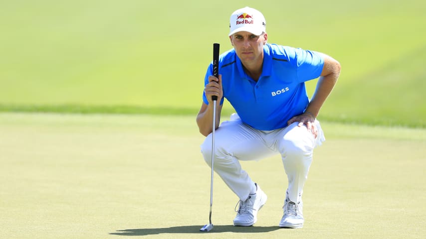 PALM BEACH GARDENS, FLORIDA - FEBRUARY 26: Matthias Schwab of Austria lines up a putt on the second green during the third round of The Honda Classic at PGA National Resort And Spa on February 26, 2022 in Palm Beach Gardens, Florida. (Photo by Mike Ehrmann/Getty Images)