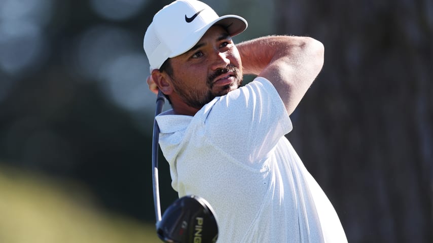 PEBBLE BEACH, CALIFORNIA - FEBRUARY 06: Jason Day of Australia plays his shot from the 13th tee during the final round of the AT&T Pebble Beach Pro-Am at Pebble Beach Golf Links on February 06, 2022 in Pebble Beach, California. (Photo by Jed Jacobsohn/Getty Images)