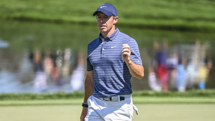 ORLANDO, FL - MARCH 02:  Rory McIlroy of Northern Ireland waves his ball to fans after making a par putt on the eighth hole green during the first round of the Arnold Palmer Invitational presented by MasterCard at Bay Hill Club and Lodge on March 2, 2021 in Orlando, Florida. (Photo by Keyur Khamar/PGA TOUR via Getty Images)