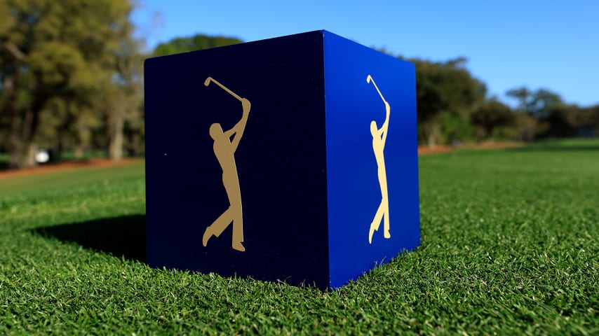 PONTE VEDRA BEACH, FLORIDA - MARCH 07: A tee marker as seen during a practice round prior to THE PLAYERS Championship at the TPC Sawgrass Stadium course on March 07, 2022 in Ponte Vedra Beach, Florida. (Photo by Sam Greenwood/Getty Images)