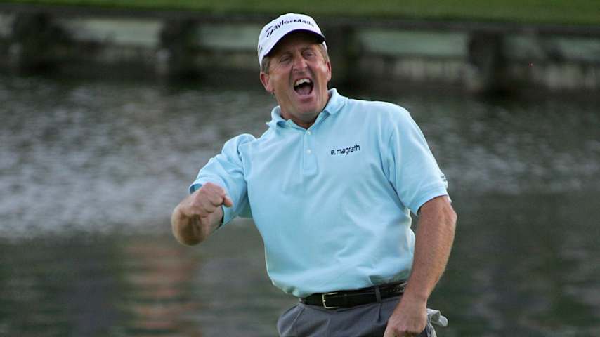 UNITED STATES - MARCH 28:  Fred Funk pumps his fist on the 18th green during the final round of THE PLAYERS Championship at the Tournament Players Club at Sawgrass in Ponte Vedra Beach, Florida on March 28, 2005.  (Photo by Chris Condon/PGA)