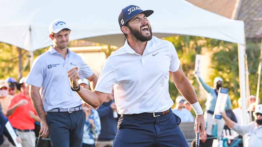 LAKEWOOD RANCH, FL - FEBRUARY 21: Hayden Buckley celebrates while making the winning putt on the 18th green during the playoff hole during the final round of the LECOM Suncoast Classic at Lakewood National Golf Club Commander Course on February 21, 2021 in Lakewood Ranch, Florida. (Photo by Ben Jared/PGA TOUR via Getty Images)