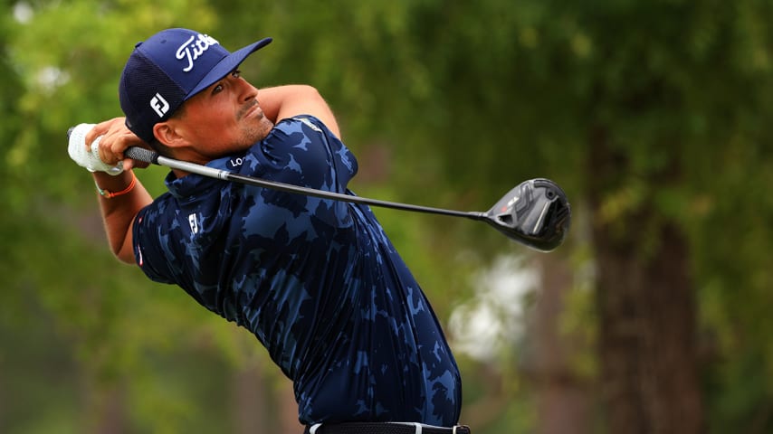 RIDGELAND, SOUTH CAROLINA - JUNE 12: Bryson Nimmer plays his shot from the 18th tee during the third round of the Palmetto Championship at Congaree on June 12, 2021 in Ridgeland, South Carolina. (Photo by Mike Ehrmann/Getty Images)