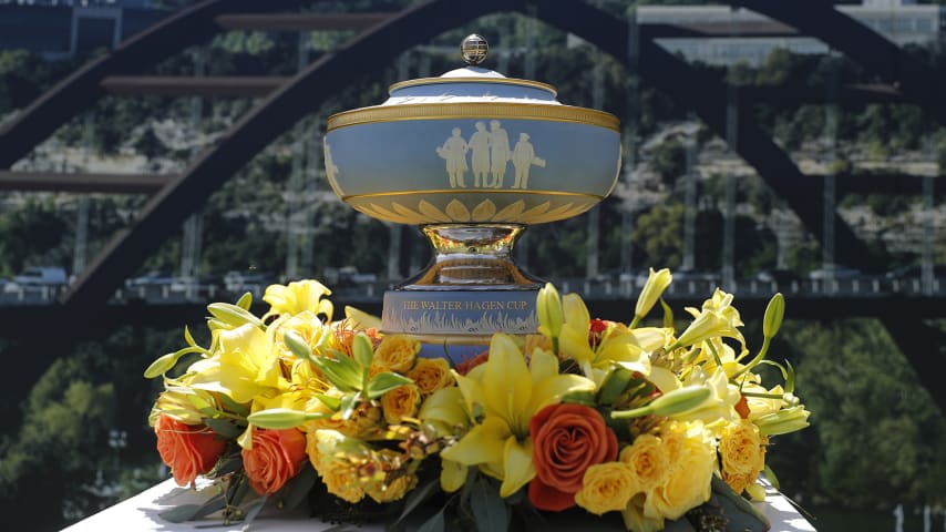 AUSTIN, TEXAS - MARCH 28: The Walter Hagen Cup is shown during the final round of the World Golf Championships-Dell Technologies Match Play at Austin Country Club on March 28, 2021 in Austin, Texas. (Photo by Michael Reaves/Getty Images)