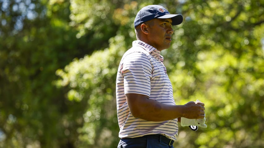 PALM HARBOR, FLORIDA - MARCH 17: Jhonattan Vegas of Venezuela walks off the ninth tee during the first round of the Valspar Championship on the Copperhead Course at Innisbrook Resort and Golf Club on March 17, 2022 in Palm Harbor, Florida. (Photo by Cliff Hawkins/Getty Images)