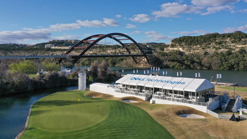 AUSTIN, TX - MARCH 22: (EDITORS NOTE: Image taken with a drone.) An aerial view of the 12th hole is seen prior to the World Golf Championships-Dell Technologies Match Play at Austin Country Club on March 22, 2022 in Austin, Texas. (Photo by Ben Jared/PGA TOUR via Getty Images)