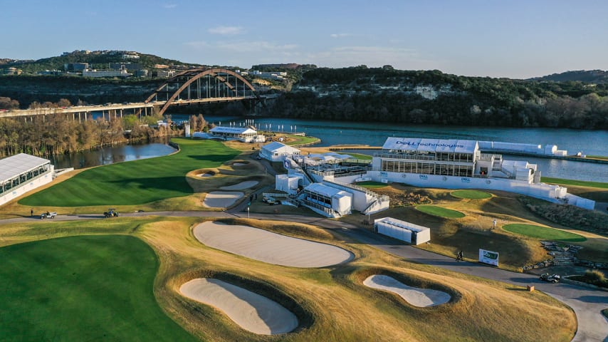 AUSTIN, TX - MARCH 22: (EDITORS NOTE: Image taken with a drone.) An aerial view of the 12th hole is seen prior to the World Golf Championships-Dell Technologies Match Play at Austin Country Club on March 22, 2022 in Austin, Texas. (Photo by Ben Jared/PGA TOUR via Getty Images)