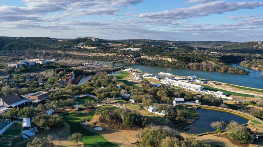 AUSTIN, TX - MARCH 22: (EDITORS NOTE: Image taken with a drone.) An aerial view of the golf course is seen prior to the World Golf Championships-Dell Technologies Match Play at Austin Country Club on March 22, 2022 in Austin, Texas. (Photo by Ben Jared/PGA TOUR via Getty Images)