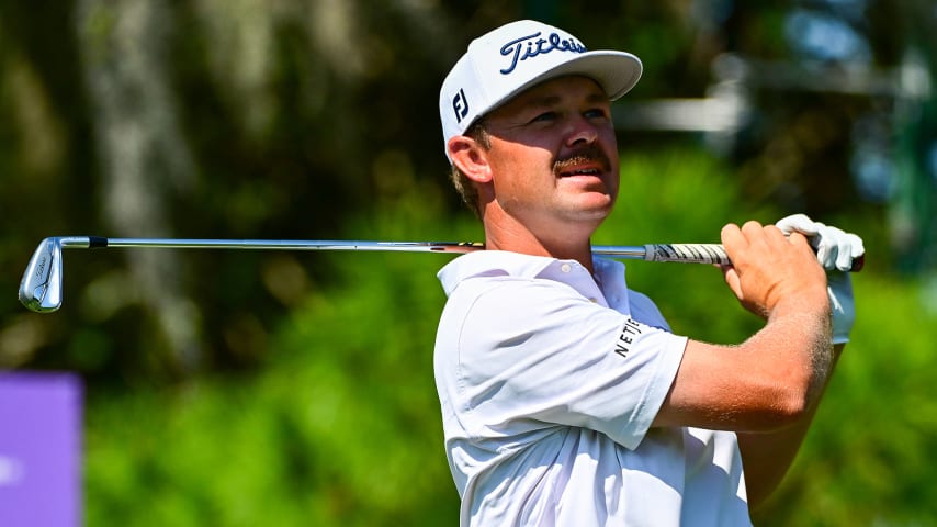 PALM HARBOR, FLORIDA - MARCH 18: Patton Kizzire of the United States plays his shot from the eighth tee during the second round of the Valspar Championship on the Copperhead Course at Innisbrook Resort and Golf Club on March 18, 2022 in Palm Harbor, Florida. (Photo by Julio Aguilar/Getty Images)