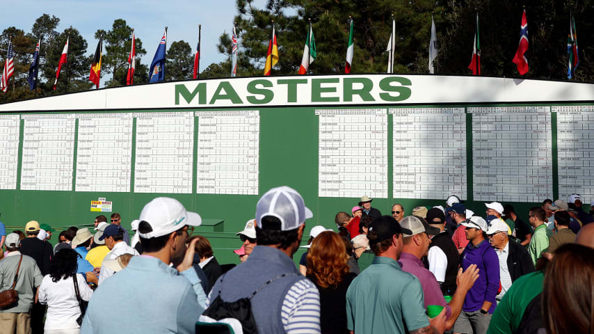 AUGUSTA, GEORGIA - APRIL 04: A general view of the leaderboard next to the first fairway during a practice round prior to the Masters at Augusta National Golf Club on April 04, 2022 in Augusta, Georgia. (Photo by Andrew Redington/Getty Images)