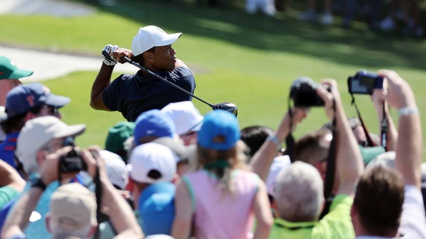 AUGUSTA, GEORGIA - APRIL 04: Tiger Woods of the United States plays his shot from the third tee during a practice round prior to the Masters at Augusta National Golf Club on April 04, 2022 in Augusta, Georgia. (Photo by Gregory Shamus/Getty Images)