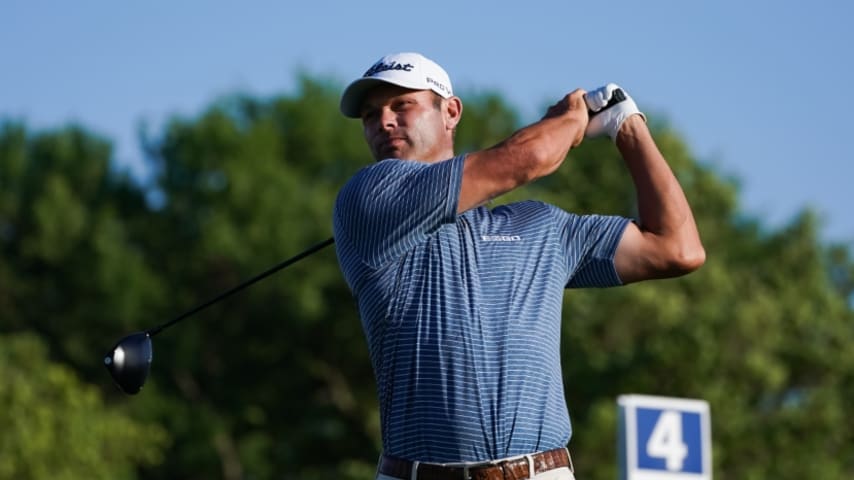 ARLINGTON, TX - APRIL 13: Shawn Stefani tees off from the fourth hole during the first round of the Veritex Bank Championship at Texas Rangers Golf Club on April 13, 2022 in Arlington, Texas. (Photo by Alex Bierens de Haan/Getty Images)