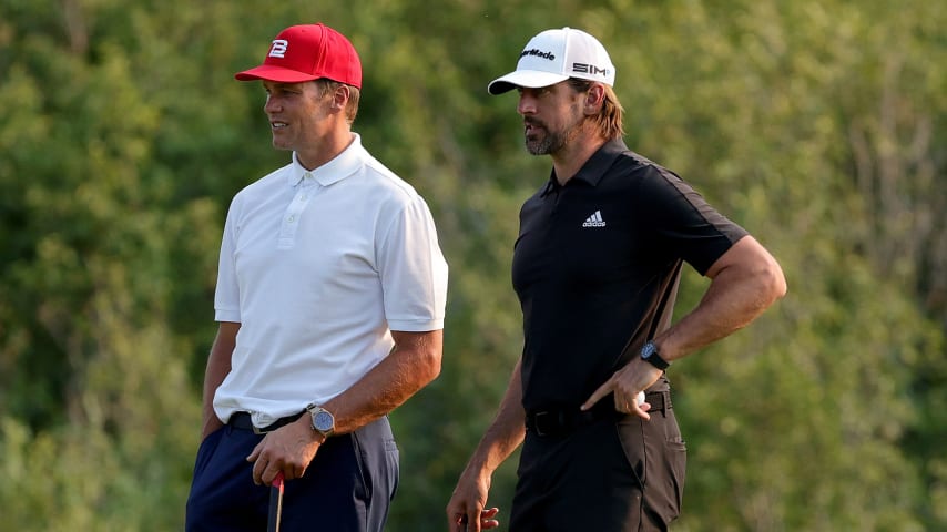 BIG SKY, MONTANA - JULY 06: Tom Brady (L) and Aaron Rodgers meet during Capital One's The Match at The Reserve at Moonlight Basin on July 06, 2021 in Big Sky, Montana. (Photo by Stacy Revere/Getty Images for The Match)