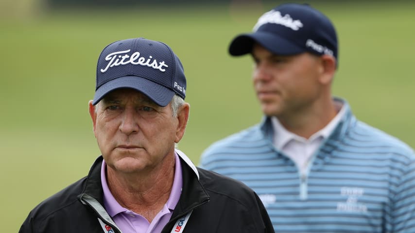 SOUTHAMPTON, NY - JUNE 13:  (L-R) Jay Haas and son Bill Haas of the United States look on during a practice round prior to the 2018 U.S. Open at Shinnecock Hills Golf Club on June 13, 2018 in Southampton, New York.  (Photo by Streeter Lecka/Getty Images)