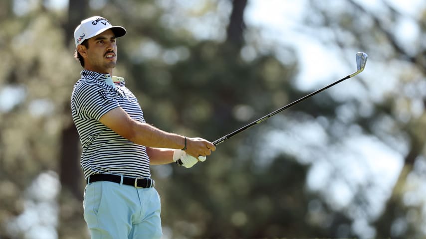 AUGUSTA, GEORGIA - APRIL 08: Abraham Ancer of Mexico follows his shot from the fourth tee during the second round of The Masters at Augusta National Golf Club on April 08, 2022 in Augusta, Georgia. (Photo by Gregory Shamus/Getty Images)