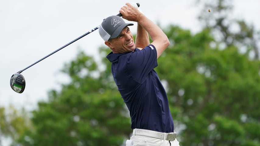 IRVING, TX - APRIL 24: Steven Alker of New Zealand plays his shot from the first hole tee during the final round of the ClubCorp Classic at Las Colinas Country Club on April 24, 2022 in Irving, Texas. (Photo by Alex Bierens de Haan/Getty Images)