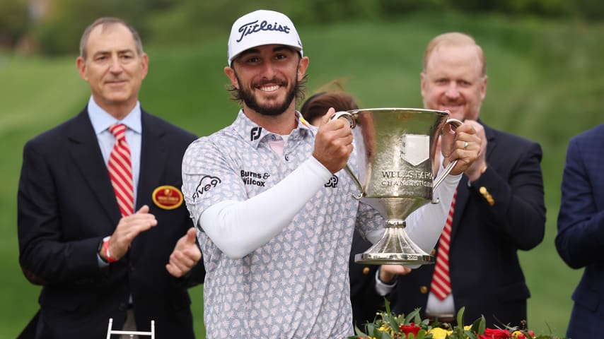 POTOMAC, MARYLAND - MAY 08: Max Homa of the United States celebrates with the trophy after winning during the final round of the Wells Fargo Championship at TPC Potomac at Avenel Farm on May 08, 2022 in Potomac, Maryland. (Photo by Gregory Shamus/Getty Images)