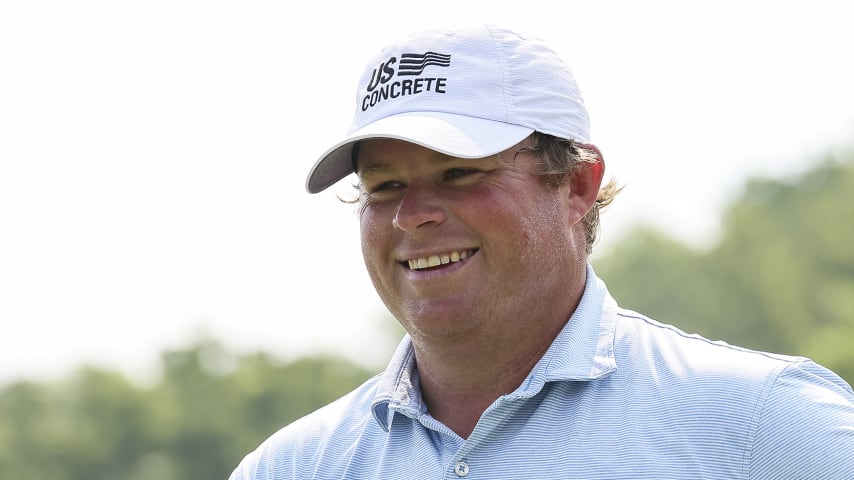 SPRINGFIELD, MO - JULY 21: Conrad Shindler looks on from the 18th green prior to the Price Cutter Charity Championship presented by Dr. Pepper at Highland Spring Country Club on July 21, 2021 in Springfield, Missouri. (Photo by James Gilbert/PGA TOUR via Getty Images)