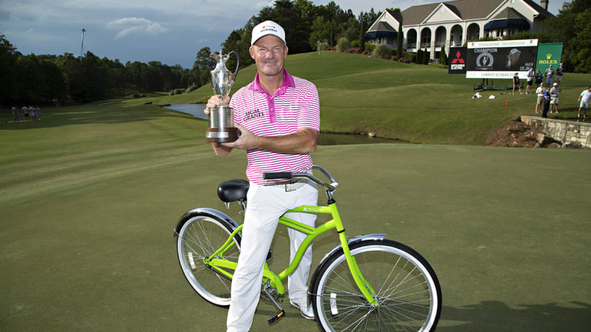 BIRMINGHAM, ALABAMA - MAY 09:  Alex Cejka from Germany poses with the winners trophy as the winner of the Regions Tradition at Greystone Country Club on May 09, 2021 in Birmingham, Alabama. (Photo by Wesley Hitt/Getty Images)