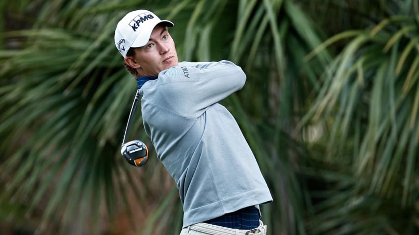 HILTON HEAD ISLAND, SOUTH CAROLINA - APRIL 15: Maverick McNealy plays his shot from the 11th tee during the second round of the RBC Heritage at Harbor Town Golf Links on April 15, 2022 in Hilton Head Island, South Carolina. (Photo by Jared C. Tilton/Getty Images)