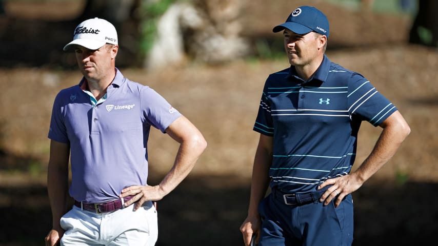 HILTON HEAD ISLAND, SOUTH CAROLINA - APRIL 15: Justin Thomas (L) and Jordan Spieth look on from the 14th green during the second round of the RBC Heritage at Harbor Town Golf Links on April 15, 2022 in Hilton Head Island, South Carolina. (Photo by Jared C. Tilton/Getty Images)