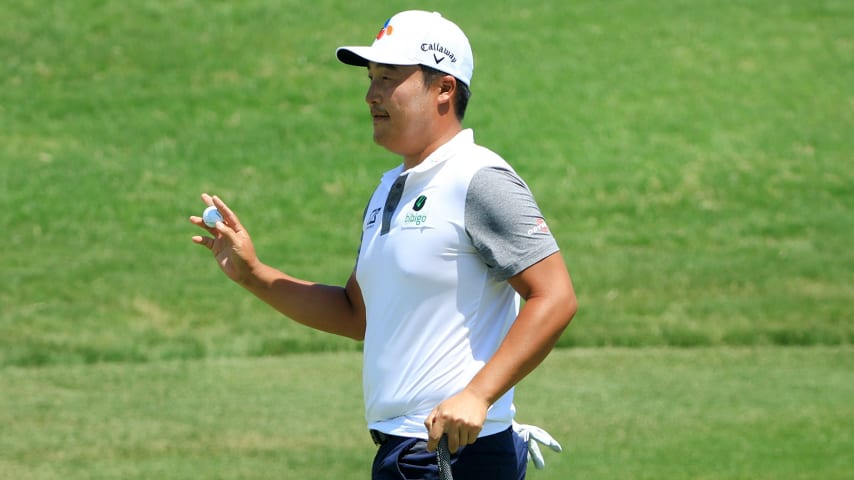 MCKINNEY, TEXAS - MAY 15: K.H. Lee of South Korea reacts to his birdie on the 12th hole during the final round of the AT&T Byron Nelson at TPC Craig Ranch on May 15, 2022 in McKinney, Texas. (Photo by Sam Greenwood/Getty Images)