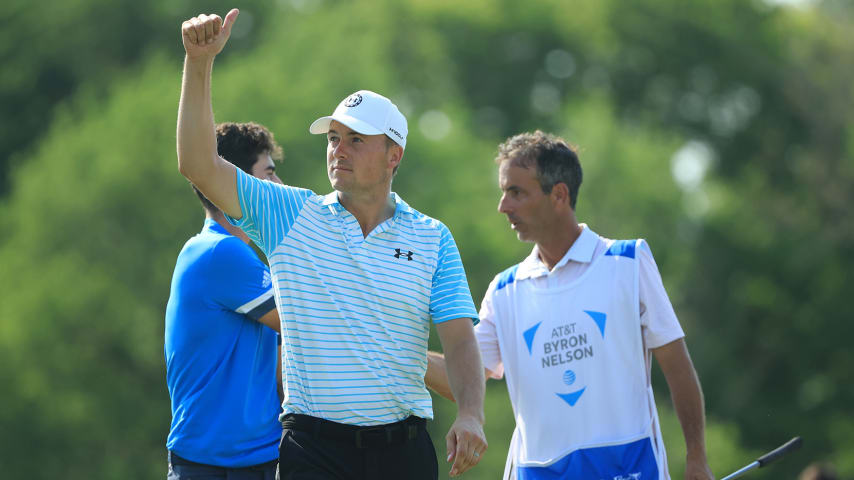 MCKINNEY, TEXAS - MAY 15: Jordan Spieth reacts after his round on the 18th green during the final round of the AT&T Byron Nelson at TPC Craig Ranch on May 15, 2022 in McKinney, Texas. (Photo by Sam Greenwood/Getty Images)