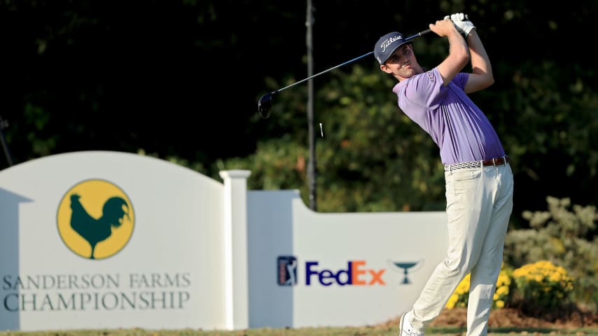 JACKSON, MISSISSIPPI - OCTOBER 04: J.T. Poston plays his shot from the 15th tee during the final round of the Sanderson Farms Championship at The Country Club of Jackson on October 04, 2020 in Jackson, Mississippi. (Photo by Sam Greenwood/Getty Images)