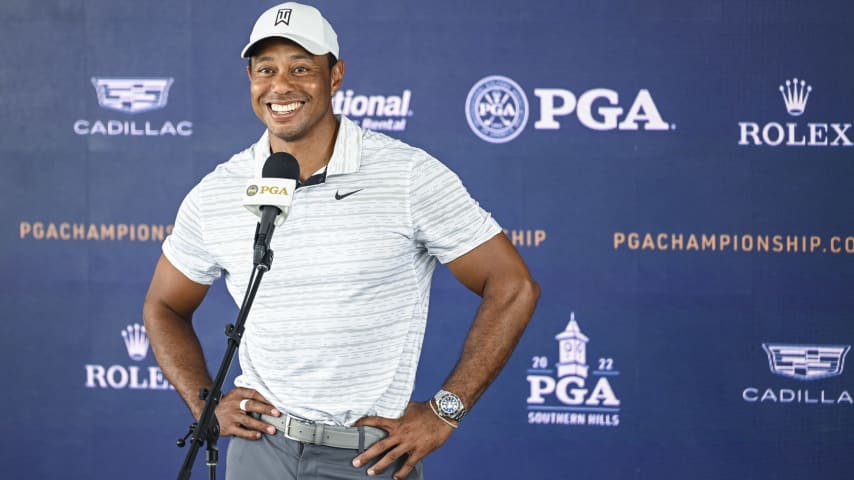 TULSA, OK - MAY 17:  Tiger Woods smiles at a press conference during practice for the PGA Championship at Southern Hills Country Club on May 17, 2022, in Tulsa, Oklahoma. (Photo by Keyur Khamar/PGA TOUR via Getty Images)