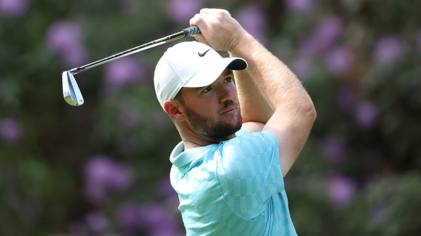 ANTWERPEN, BELGIUM - MAY 15: Sam Horsfield of England hits his second shot on the 10th hole during Day Four of the Soudal Open at Rinkven International Golf Club on May 15, 2022 in Antwerpen, Belgium. (Photo by Warren Little/Getty Images)