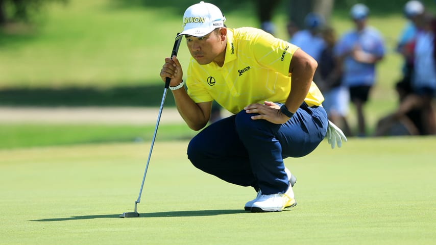 MCKINNEY, TEXAS - MAY 15:  Hideki Matsuyama of Japan lines up a putt on the first green during the final round of the AT&T Byron Nelson at TPC Craig Ranch on May 15, 2022 in McKinney, Texas. (Photo by Sam Greenwood/Getty Images)