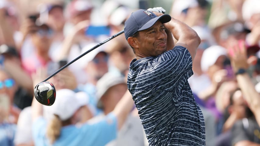 TULSA, OKLAHOMA - MAY 19: Tiger Woods of the United States plays his shot from the 16th tee during the first round of the 2022 PGA Championship at Southern Hills Country Club on May 19, 2022 in Tulsa, Oklahoma. (Photo by Ezra Shaw/Getty Images)