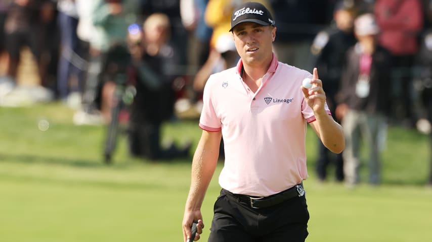 TULSA, OKLAHOMA - MAY 22: Justin Thomas of the United States reacts on the 18th green during the final round of the 2022 PGA Championship at Southern Hills Country Club on May 22, 2022 in Tulsa, Oklahoma. (Photo by Ezra Shaw/Getty Images)