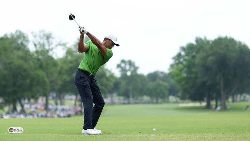 TULSA, OKLAHOMA - MAY 20: Tiger Woods of the United States plays his shot from the third tee during the second round of the 2022 PGA Championship at Southern Hills Country Club on May 20, 2022 in Tulsa, Oklahoma. (Photo by Richard Heathcote/Getty Images)