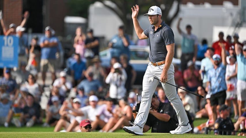 FORT WORTH, TX - MAY 29: Sam Burns makes a putt on the 18th green during the playoff hole during the final round of the Charles Schwab Challenge at Colonial Country Club on May 29, 2022 in Fort Worth, Texas. (Photo by Ben Jared/PGA TOUR via Getty Images)