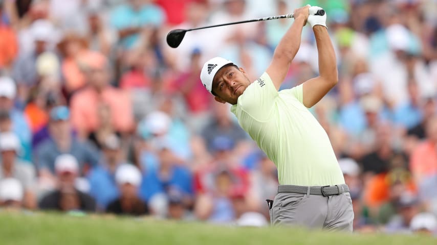 TULSA, OKLAHOMA - MAY 19: Xander Schauffele of the United States plays his shot from the tenth tee during the first round of the 2022 PGA Championship at Southern Hills Country Club on May 19, 2022 in Tulsa, Oklahoma. (Photo by Richard Heathcote/Getty Images)