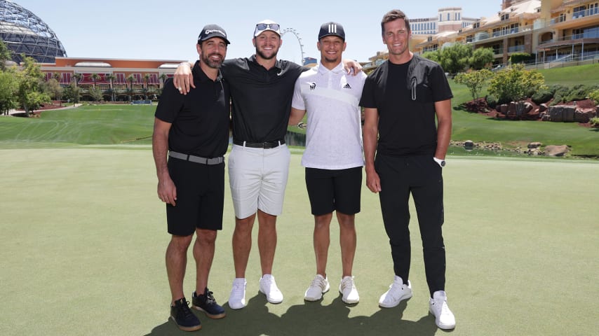 LAS VEGAS, NEVADA - JUNE 01: (L-R) Aaron Rodgers, Josh Allen, Patrick Mahomes and Tom Brady pose for a photo prior to Capital One's The Match VI - Brady & Rodgers v Allen & Mahomes at Wynn Golf Club on June 01, 2022 in Las Vegas, Nevada. (Photo by Carmen Mandato/Getty Images for The Match)