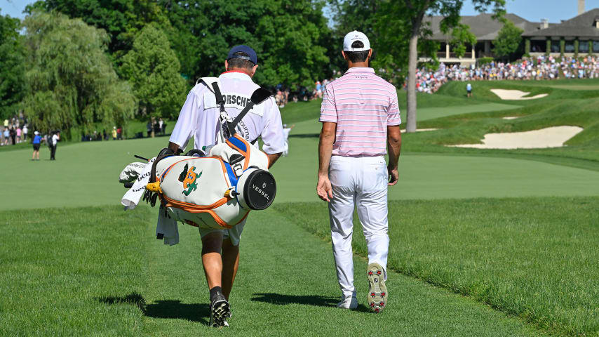 DUBLIN, OHIO - JUNE 04: Billy Horschel and his caddie walk along the 18th hole together during the third round of the Memorial Tournament presented by Workday at Muirfield Village Golf Club on June 4, 2022 in Dublin, Ohio. (Photo by Ben Jared/PGA TOUR via Getty Images)