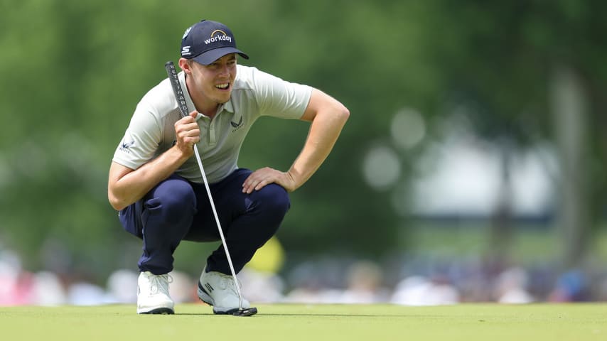 TULSA, OKLAHOMA - MAY 20: Matt Fitzpatrick of England lines up a putt on the first green during the second round of the 2022 PGA Championship at Southern Hills Country Club on May 20, 2022 in Tulsa, Oklahoma. (Photo by Richard Heathcote/Getty Images)