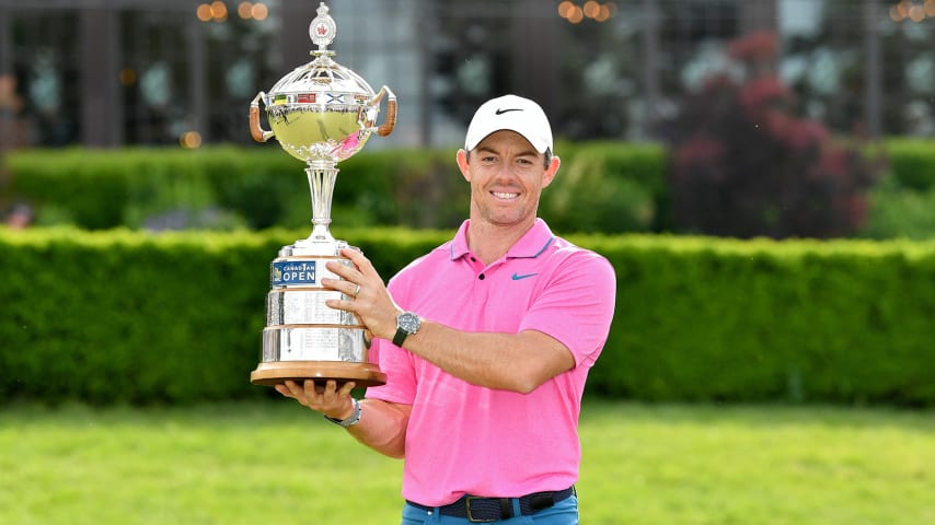 ETOBICOKE, ONTARIO - JUNE 12: Rory McIlroy of Northern Ireland poses with the trophy after winning the RBC Canadian Open at St. George's Golf and Country Club on June 12, 2022 in Etobicoke, Ontario. (Photo by Minas Panagiotakis/Getty Images)