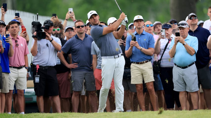 TULSA, OKLAHOMA - MAY 20: Brooks Koepka of The United States plays his second shot on the 16th hole during the second round of the 2022 PGA Championship at Southern Hills Country Club on May 20, 2022 in Tulsa, Oklahoma. (Photo by David Cannon/Getty Images)