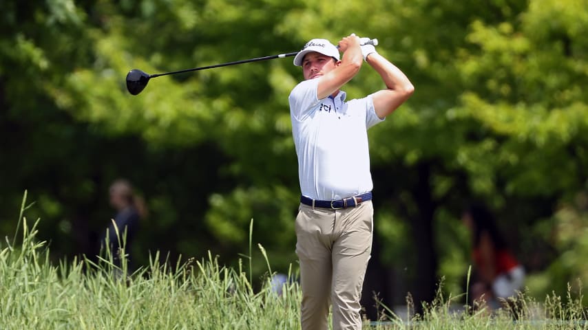 GLENVIEW, ILLINOIS - MAY 28: Patrick Flavin of the United States hits his tee shot on the 16th hole during the third round of the NV5 Invitational presented by First Midwest Bank at The Glen Club on May 27, 2022 in Glenview, Illinois. (Photo by Mike Mulholland/Getty Images)