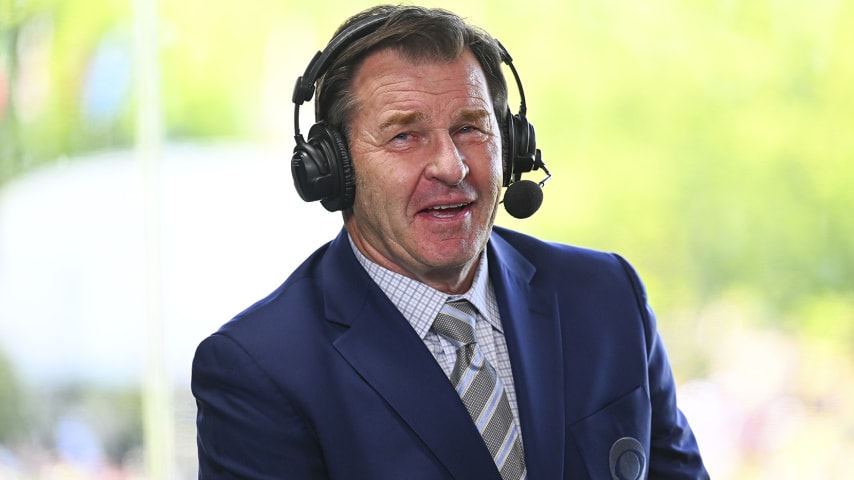 DUBLIN, OHIO - JUNE 04:  Sir Nick Faldo of CBS Sports in the 18th hole booth during the third round of the Memorial Tournament presented by Workday at Muirfield Village Golf Club on June 4, 2022 in Dublin, Ohio. (Photo by Chris Condon/PGA TOUR)