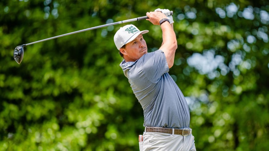 RALEIGH, NORTH CAROLINA - JUNE 04: Kevin Roy plays his shot from the first tee during round three of the Korn Ferry Tour REX Hospital Open at The Country Club at Wakefield Plantation on June 04, 2022 in Raleigh, North Carolina. (Photo by Jacob Kupferman/Getty Images)