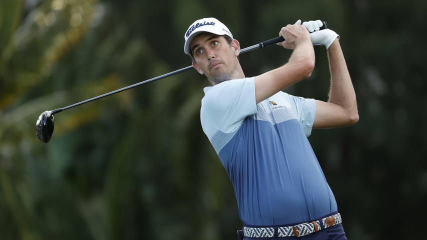 HONOLULU, HAWAII - JANUARY 14: Chesson Hadley of the United States plays his shot from the fifth tee during the second round of the Sony Open in Hawaii at Waialae Country Club on January 14, 2022 in Honolulu, Hawaii. (Photo by Cliff Hawkins/Getty Images)