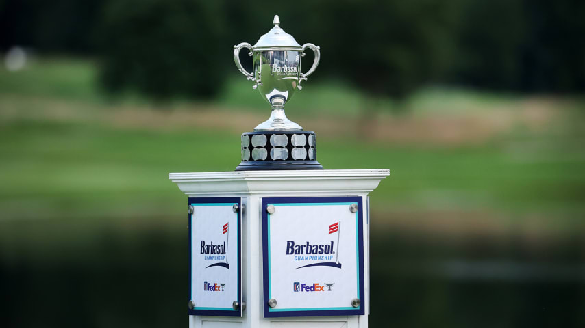 NICHOLASVILLE, KENTUCKY - JULY 18: The trophy is seen on the 18th hole during the final round of the Barbasol Championship at Keene Trace Golf Club on July 18, 2021 in Nicholasville, Kentucky. (Photo by Andy Lyons/Getty Images)