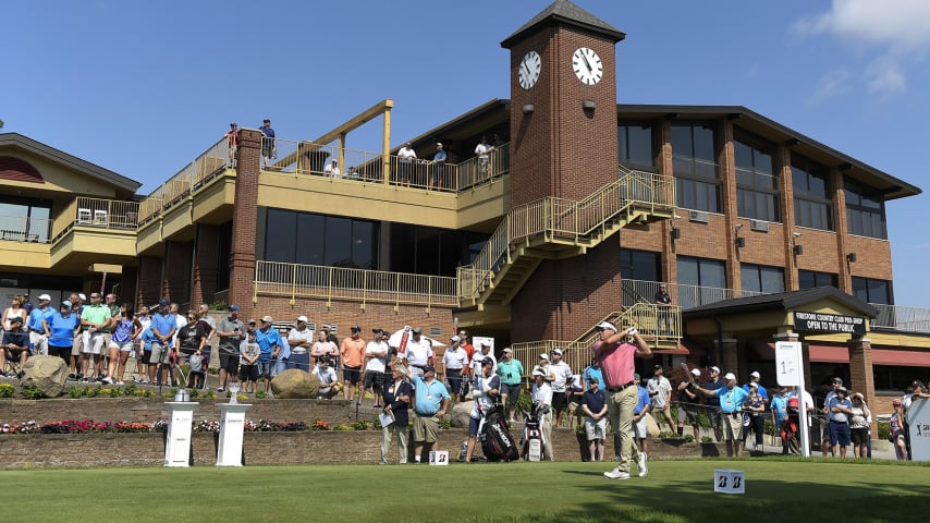 AKRON, OH - JUNE 26: Brandt Jobe hits his tee shot at the first hole during the third round of the PGA TOUR Champions Bridgestone SENIOR PLAYERS Championship at Firestone Country Club on June 26, 2021 in Akron, Ohio. (Photo by Tracy Wilcox/PGA TOUR via Getty Images)