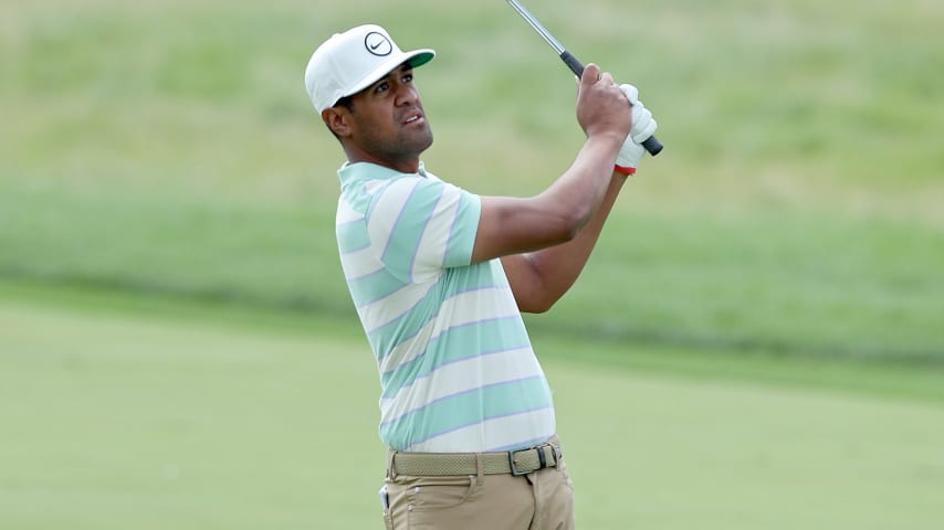 BLAINE, MINNESOTA - JULY 24: Tony Finau of the United States plays his shot on the first hole during the final round of the 3M Open at TPC Twin Cities on July 24, 2022 in Blaine, Minnesota. (Photo by David Berding/Getty Images)